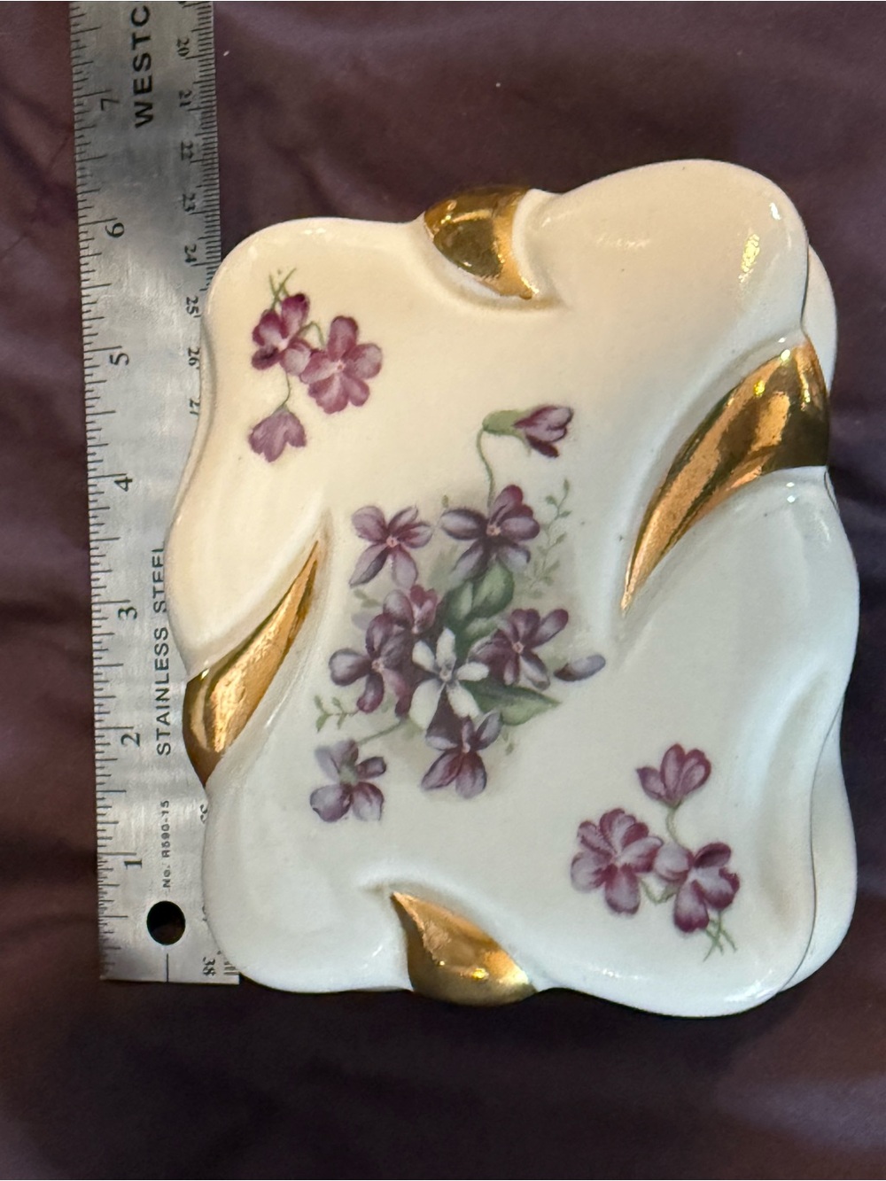 Vintage Floral Porcelain Trinket Dish with Gold Accents - Purple Violets